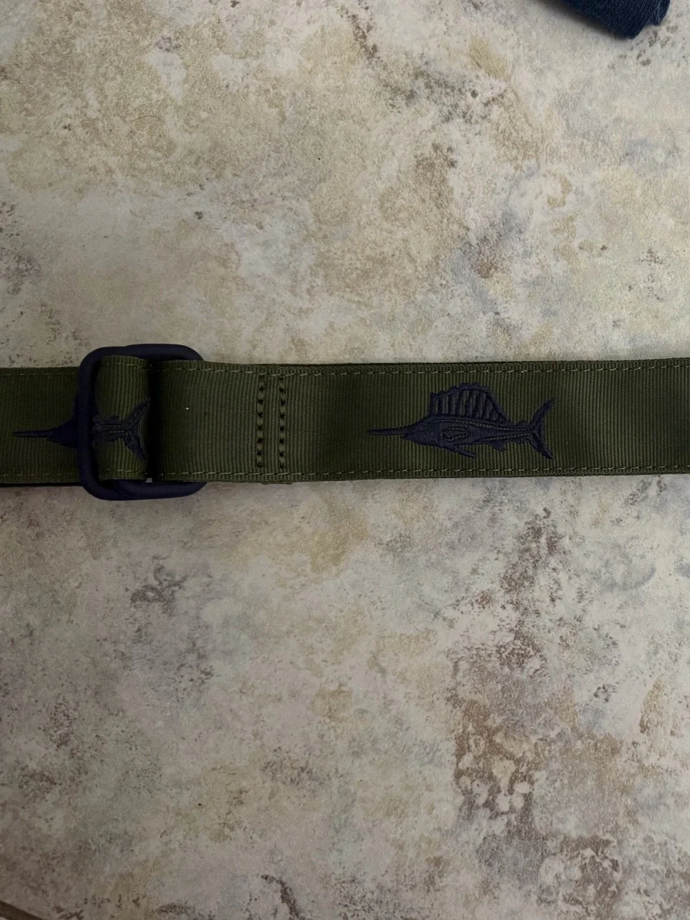 Vineyard Vines Olive Green Ribbon Belt with Navy Marlin Embroidery